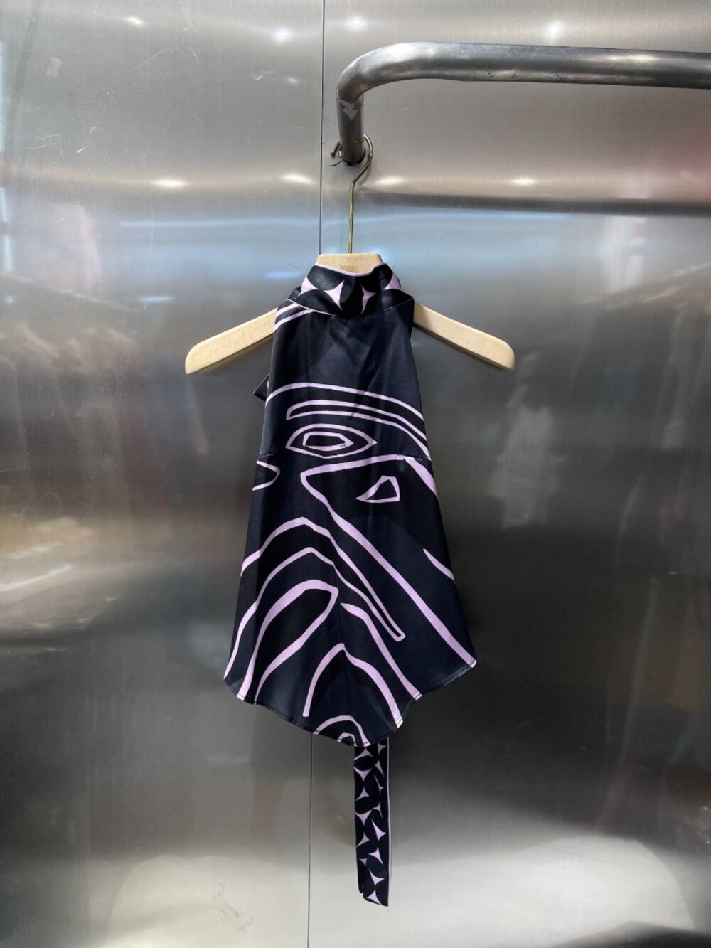 🖤Pucci Black Light Pink Abstract Line Print Satin Halter Top Double Bow Tie